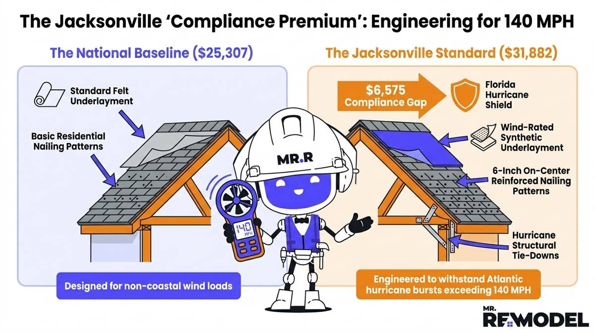 A 2026 Jacksonville roofing cost summary infographic illustrating the $6,575 compliance premium for mandatory Florida hurricane wind-code engineering.